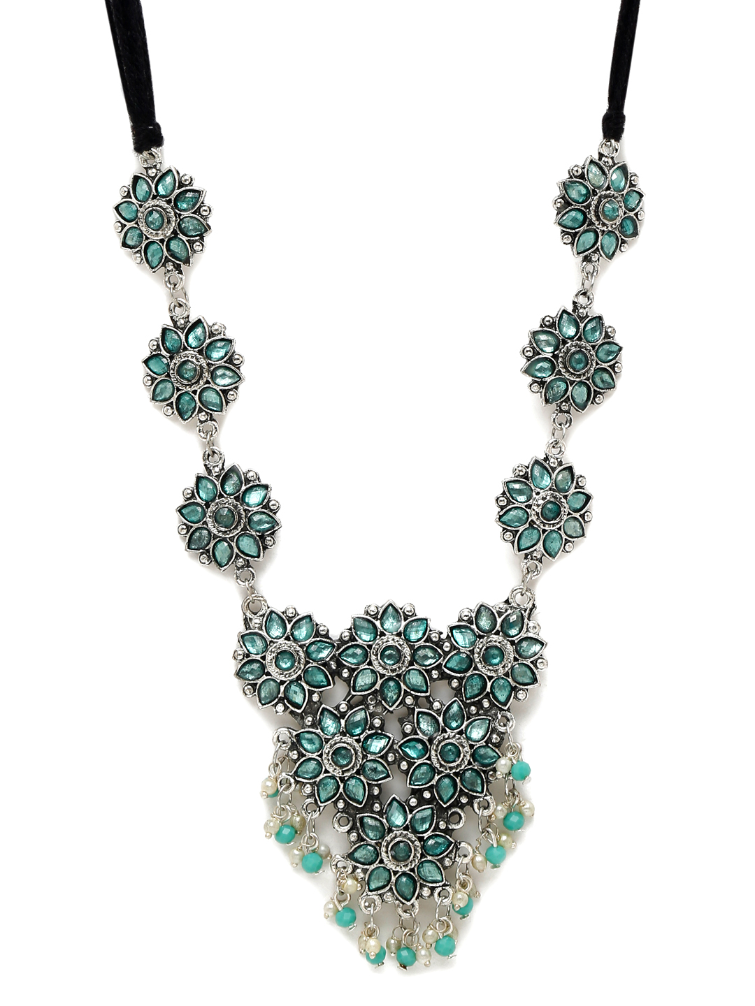 YouBella Jewellery Oxidised Silver Necklace Jewellery Set with Earrings for Girls and Women (Blue) (YBNK_50525)